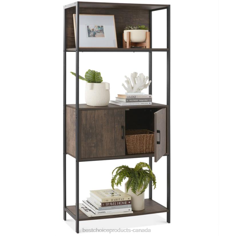 4LT2385 Dark Walnut Best Choice Products Storage Bookshelf for Living Room, Walkway w/ Cabinet, Elevated Design
