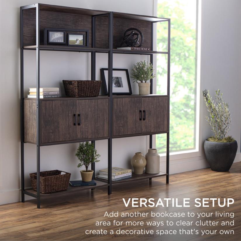 4LT2385 Dark Walnut Best Choice Products Storage Bookshelf for Living Room, Walkway w/ Cabinet, Elevated Design