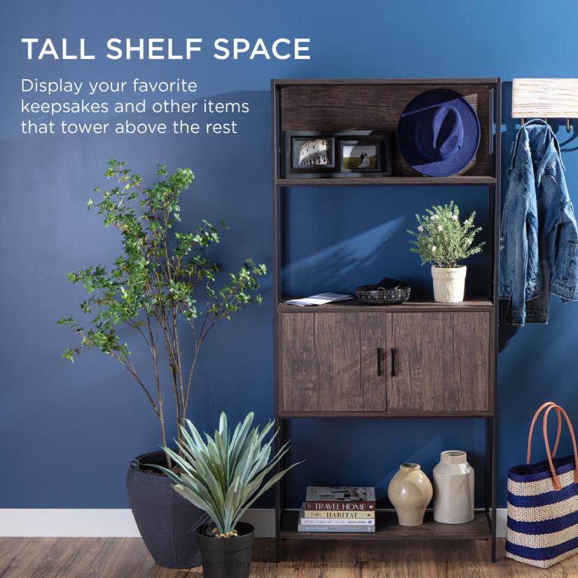 4LT2385 Dark Walnut Best Choice Products Storage Bookshelf for Living Room, Walkway w/ Cabinet, Elevated Design