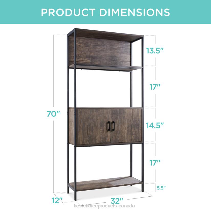 4LT2385 Dark Walnut Best Choice Products Storage Bookshelf for Living Room, Walkway w/ Cabinet, Elevated Design