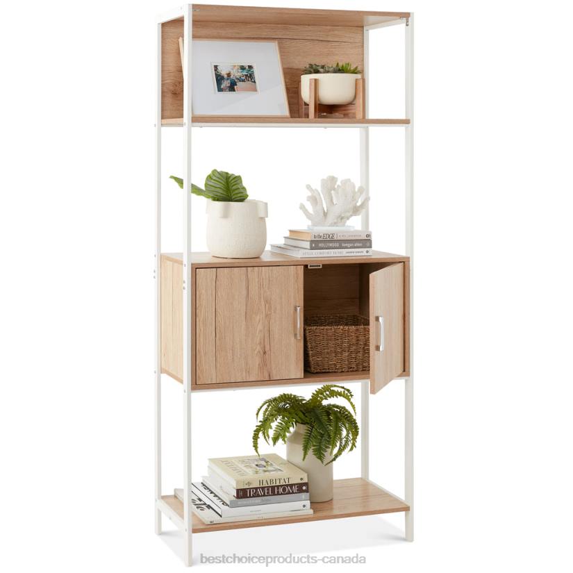 4LT2386 Light Oak Best Choice Products Storage Bookshelf for Living Room, Walkway w/ Cabinet, Elevated Design