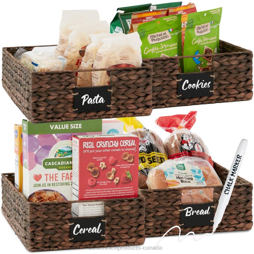 4LT2390 Brown Best Choice Products Set of 4 Water Hyancinth Pantry Baskets w/ Chalkboard, Chalk Marker