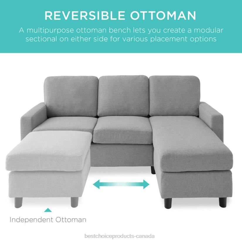 4LT2585 Light Gray Best Choice Products Upholstered Sectional Sofa Couch w/ Chaise Lounge, Reversible Ottoman Bench