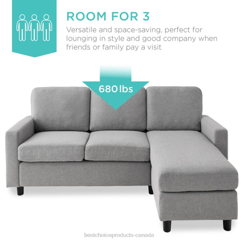 4LT2585 Light Gray Best Choice Products Upholstered Sectional Sofa Couch w/ Chaise Lounge, Reversible Ottoman Bench