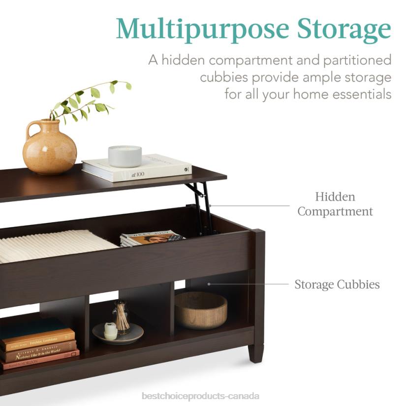 4LT2595 Espresso Best Choice Products Multifunctional Lift Top Coffee Table w/ Hidden Storage, 3 Cubbies