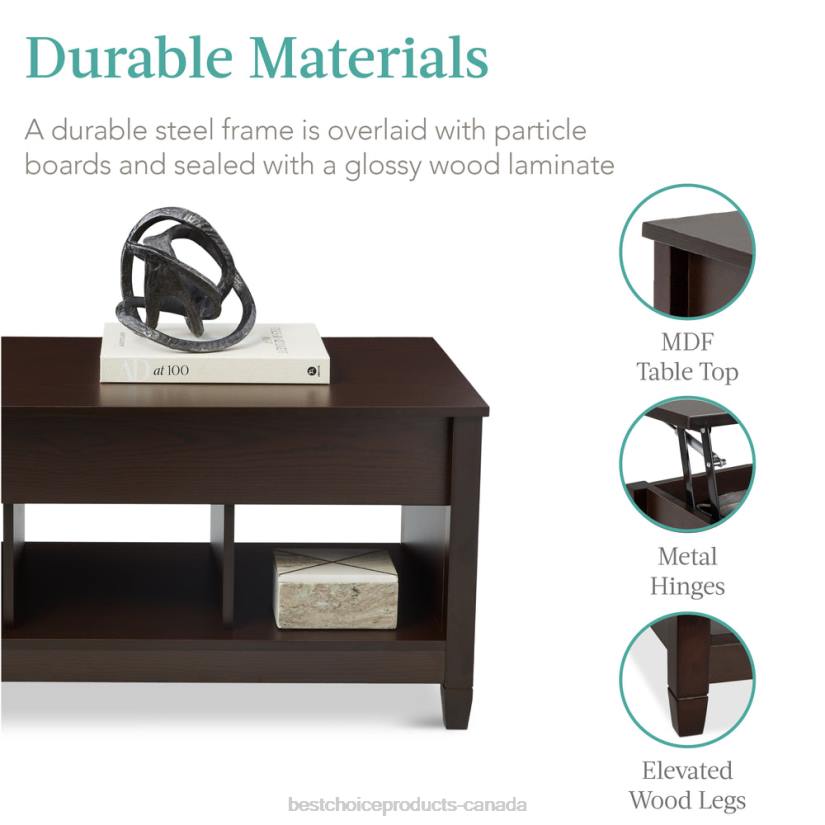 4LT2595 Espresso Best Choice Products Multifunctional Lift Top Coffee Table w/ Hidden Storage, 3 Cubbies