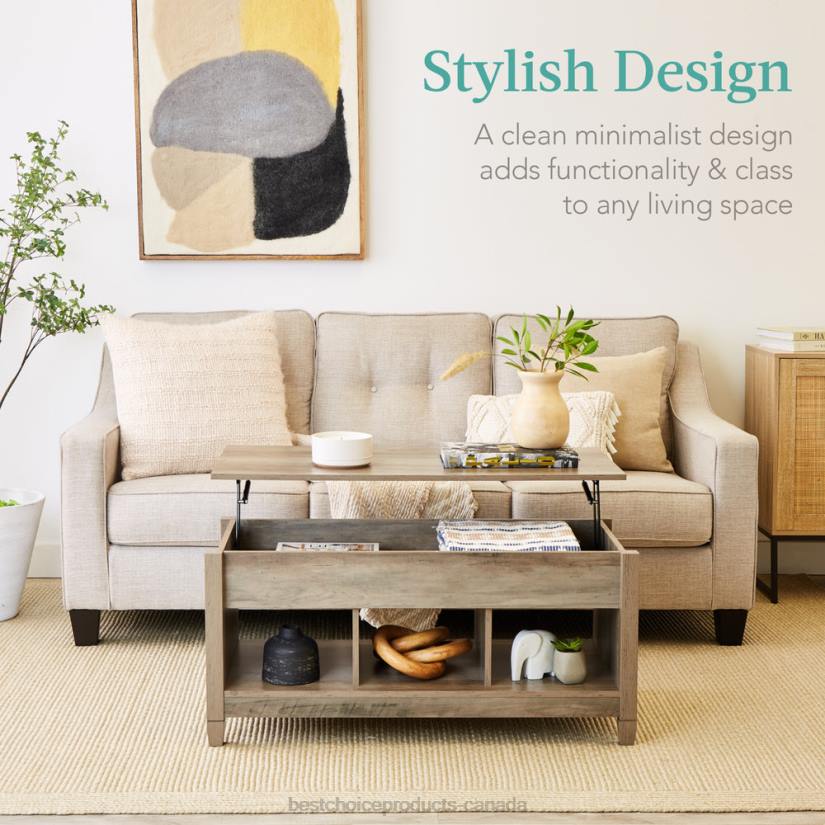 4LT2597 Gray Oak Best Choice Products Multifunctional Lift Top Coffee Table w/ Hidden Storage, 3 Cubbies