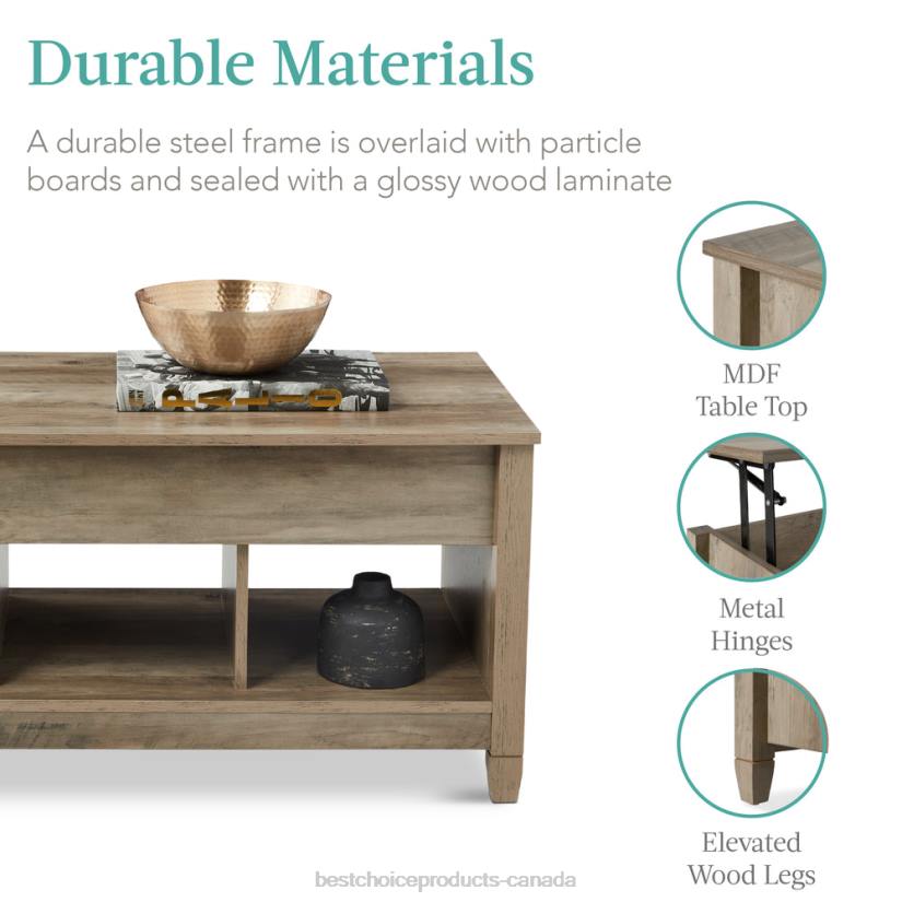 4LT2597 Gray Oak Best Choice Products Multifunctional Lift Top Coffee Table w/ Hidden Storage, 3 Cubbies