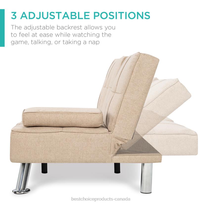 4LT2610 Beige Best Choice Products Linen Upholstered Convertible Sofa Bed Futon w/ 2 Cupholders