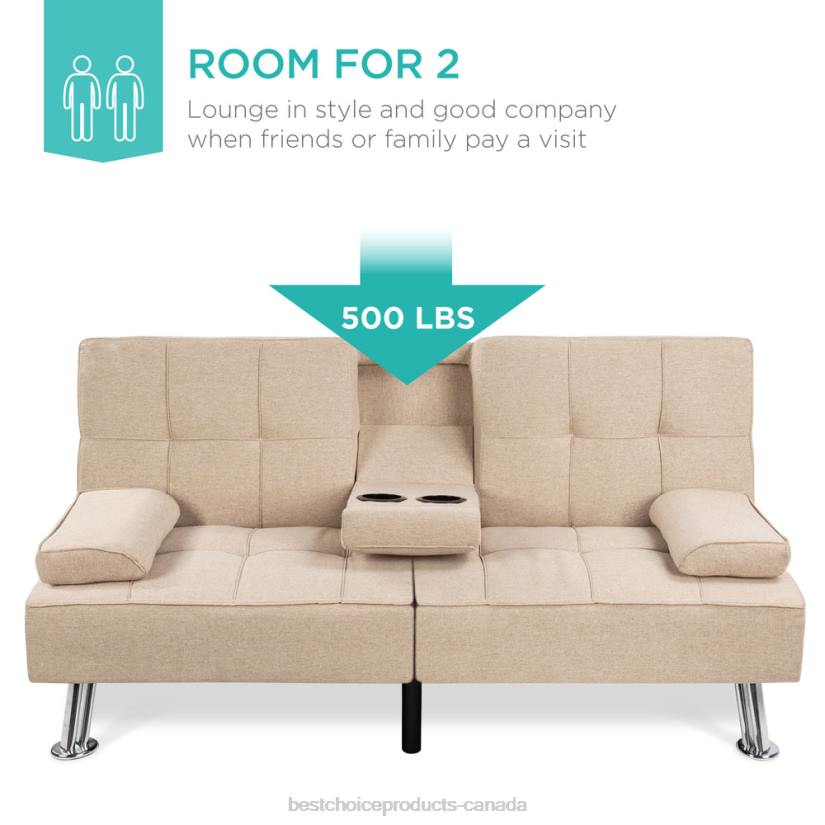 4LT2610 Beige Best Choice Products Linen Upholstered Convertible Sofa Bed Futon w/ 2 Cupholders