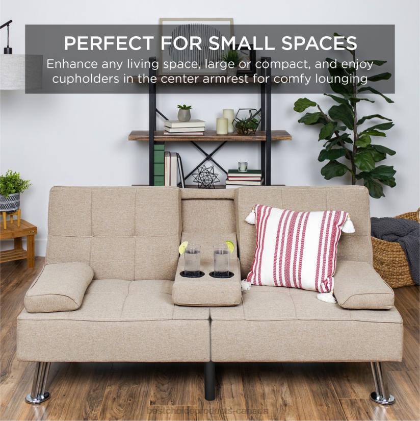 4LT2610 Beige Best Choice Products Linen Upholstered Convertible Sofa Bed Futon w/ 2 Cupholders