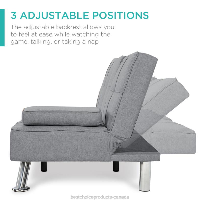 4LT2611 Gray Best Choice Products Linen Upholstered Convertible Sofa Bed Futon w/ 2 Cupholders