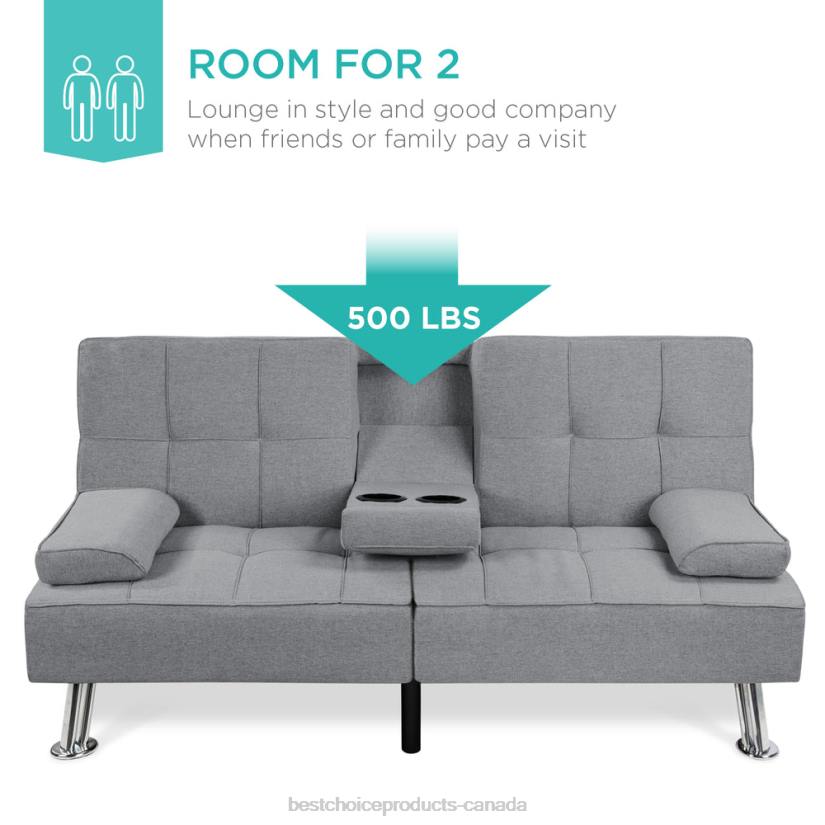 4LT2611 Gray Best Choice Products Linen Upholstered Convertible Sofa Bed Futon w/ 2 Cupholders