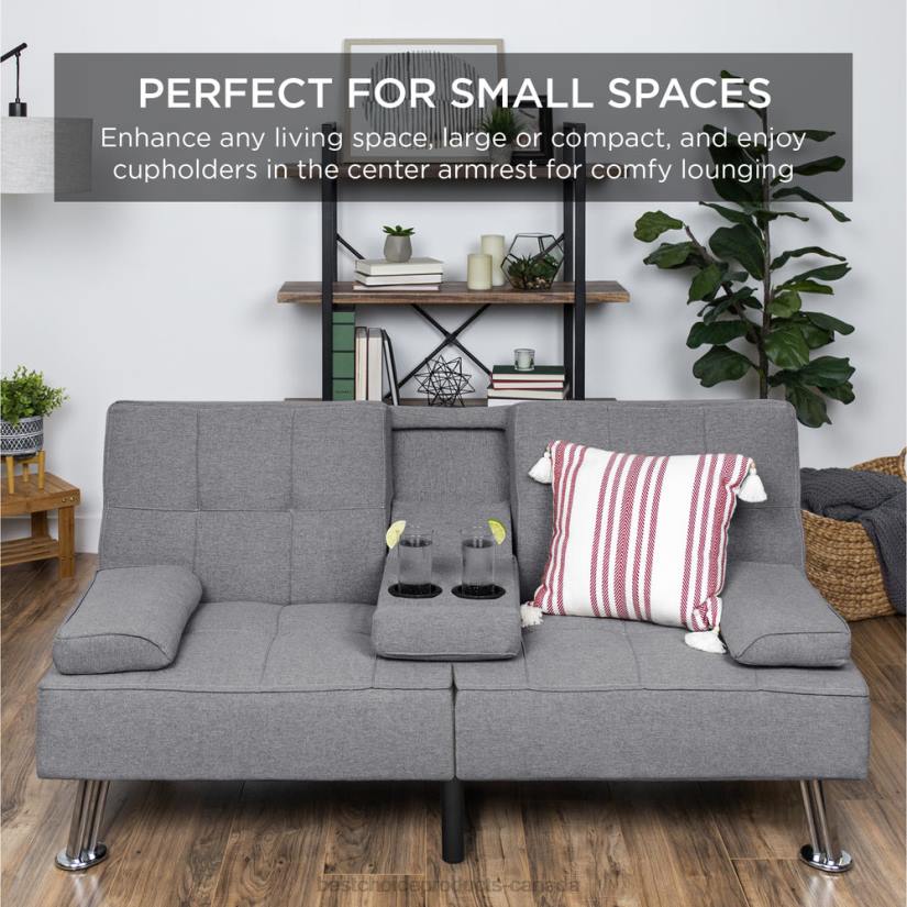 4LT2611 Gray Best Choice Products Linen Upholstered Convertible Sofa Bed Futon w/ 2 Cupholders