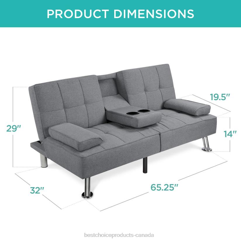 4LT2611 Gray Best Choice Products Linen Upholstered Convertible Sofa Bed Futon w/ 2 Cupholders