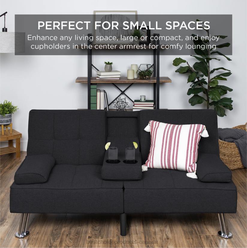 4LT2612 Black Best Choice Products Linen Upholstered Convertible Sofa Bed Futon w/ 2 Cupholders
