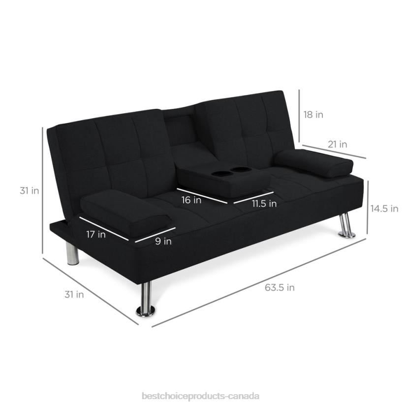 4LT2612 Black Best Choice Products Linen Upholstered Convertible Sofa Bed Futon w/ 2 Cupholders