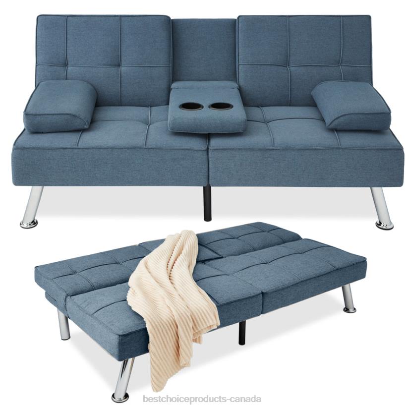 4LT2613 Blue Best Choice Products Linen Upholstered Convertible Sofa Bed Futon w/ 2 Cupholders