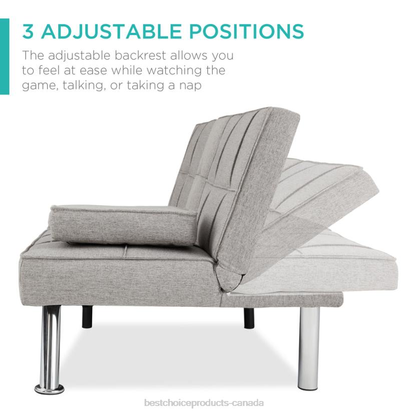 4LT2614 Light Gray Best Choice Products Linen Upholstered Convertible Sofa Bed Futon w/ 2 Cupholders