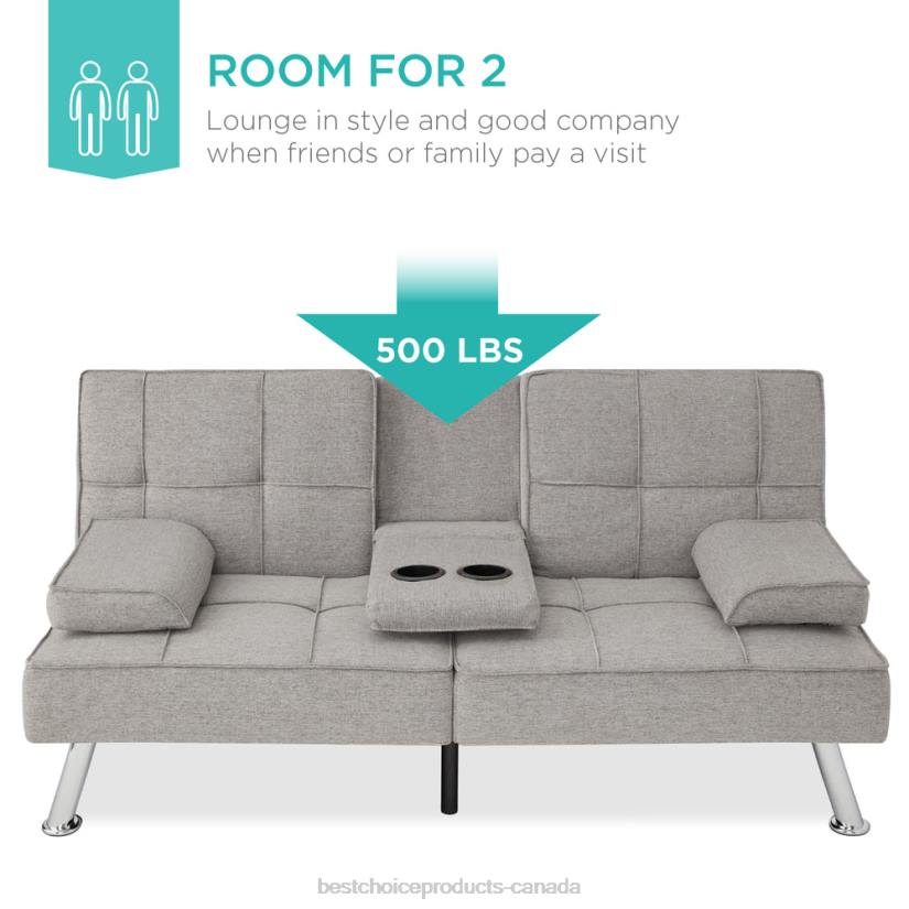 4LT2614 Light Gray Best Choice Products Linen Upholstered Convertible Sofa Bed Futon w/ 2 Cupholders