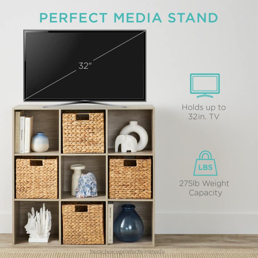 4LT2617 Greige Best Choice Products 9-Cube Bookshelf Storage Display w/ 3 Removable Panels, Customizable Design