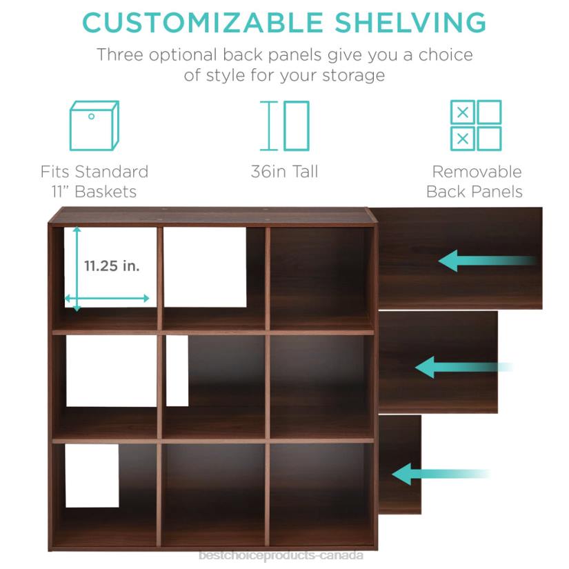 4LT2618 Walnut Best Choice Products 9-Cube Bookshelf Storage Display w/ 3 Removable Panels, Customizable Design