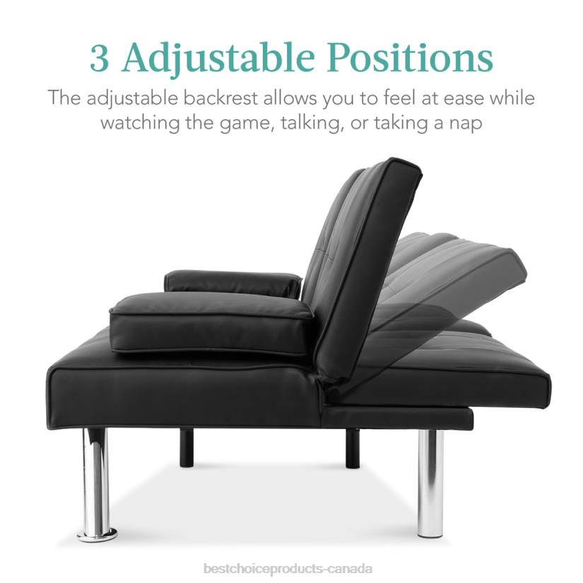 4LT2627 Black Best Choice Products Faux Leather Upholstered Convertible Sofa Bed Futon w/ 2 Cupholders