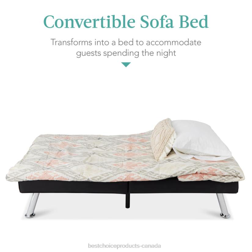 4LT2627 Black Best Choice Products Faux Leather Upholstered Convertible Sofa Bed Futon w/ 2 Cupholders