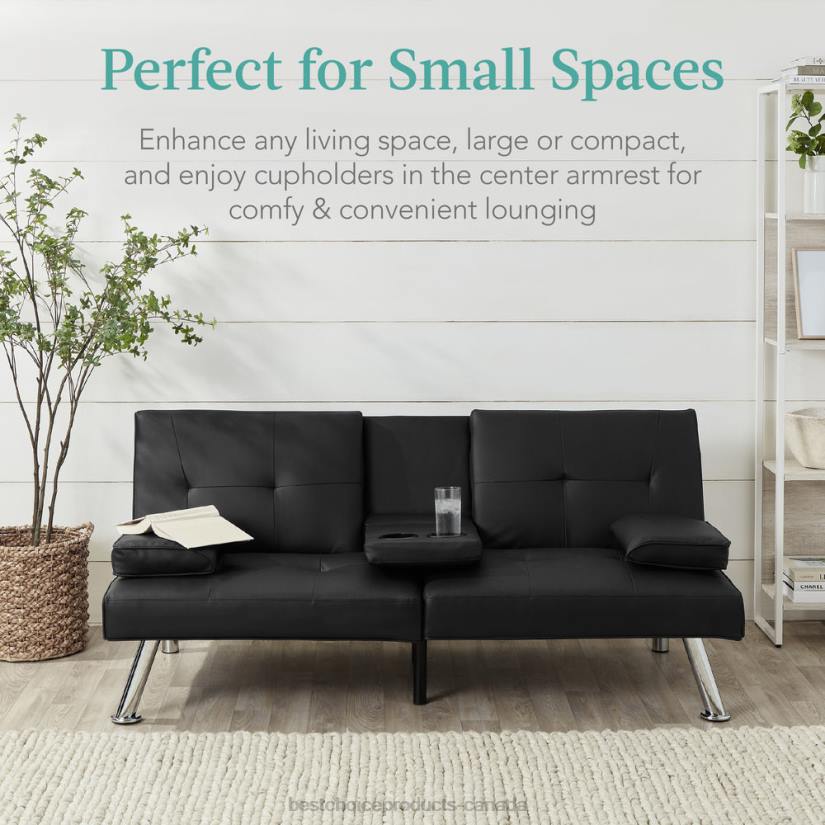 4LT2627 Black Best Choice Products Faux Leather Upholstered Convertible Sofa Bed Futon w/ 2 Cupholders