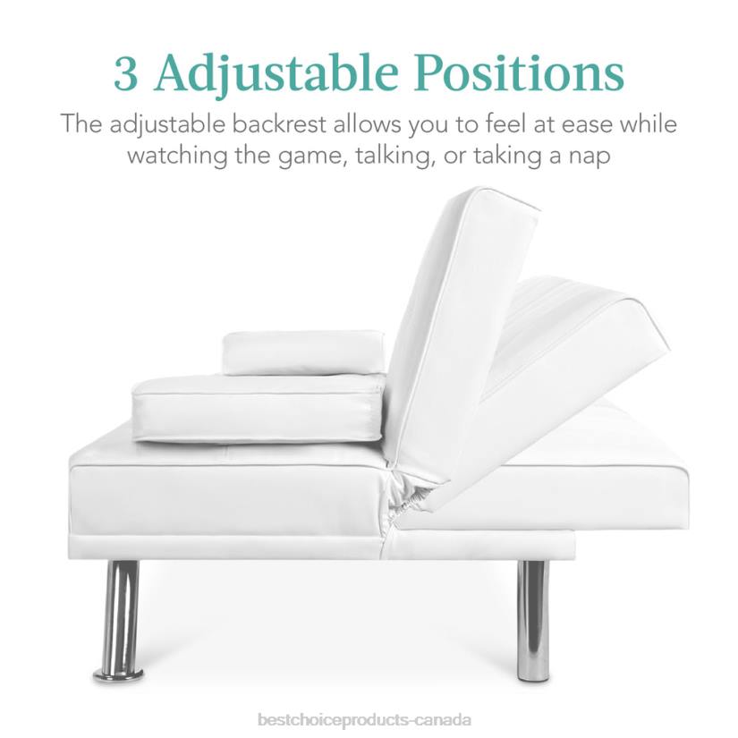 4LT2628 White Best Choice Products Faux Leather Upholstered Convertible Sofa Bed Futon w/ 2 Cupholders