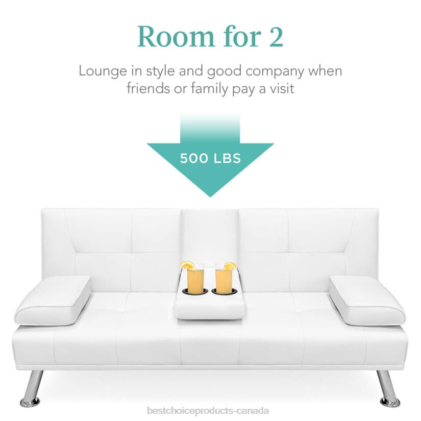 4LT2628 White Best Choice Products Faux Leather Upholstered Convertible Sofa Bed Futon w/ 2 Cupholders