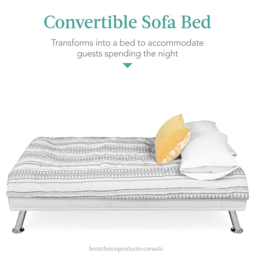 4LT2628 White Best Choice Products Faux Leather Upholstered Convertible Sofa Bed Futon w/ 2 Cupholders