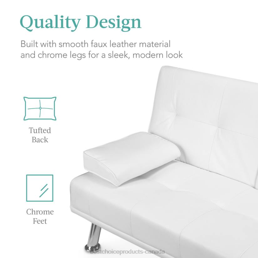 4LT2628 White Best Choice Products Faux Leather Upholstered Convertible Sofa Bed Futon w/ 2 Cupholders
