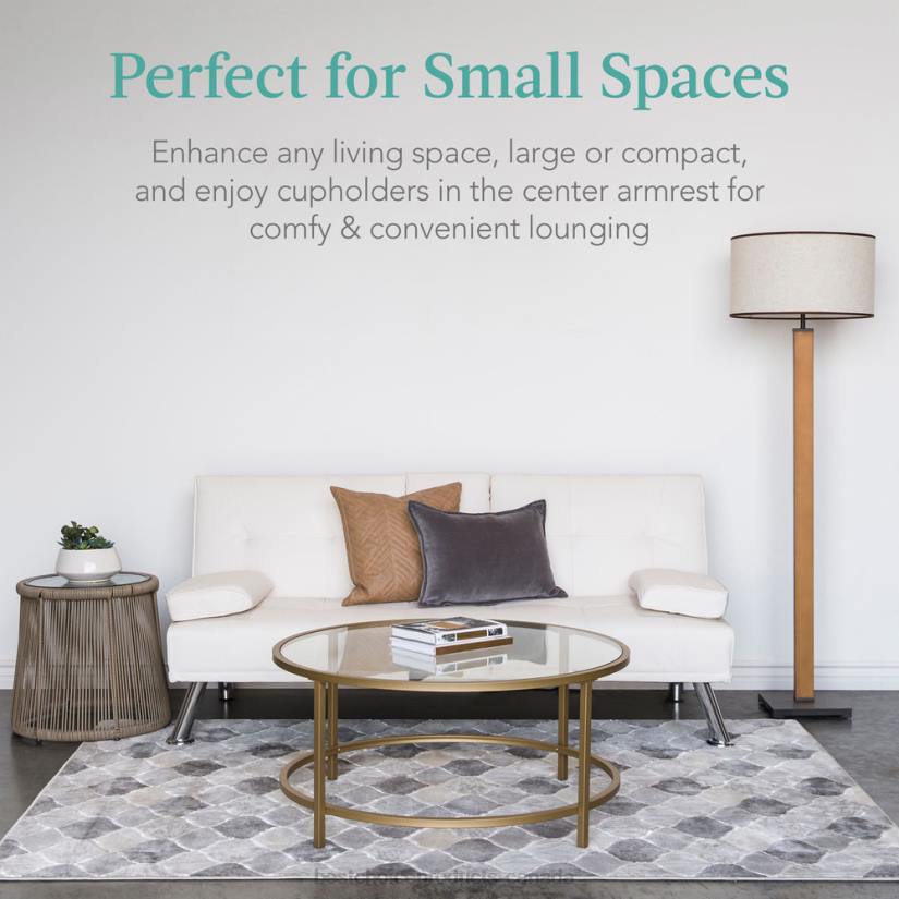 4LT2628 White Best Choice Products Faux Leather Upholstered Convertible Sofa Bed Futon w/ 2 Cupholders