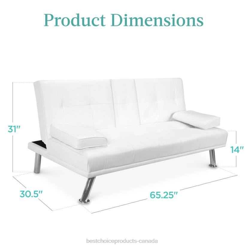 4LT2628 White Best Choice Products Faux Leather Upholstered Convertible Sofa Bed Futon w/ 2 Cupholders