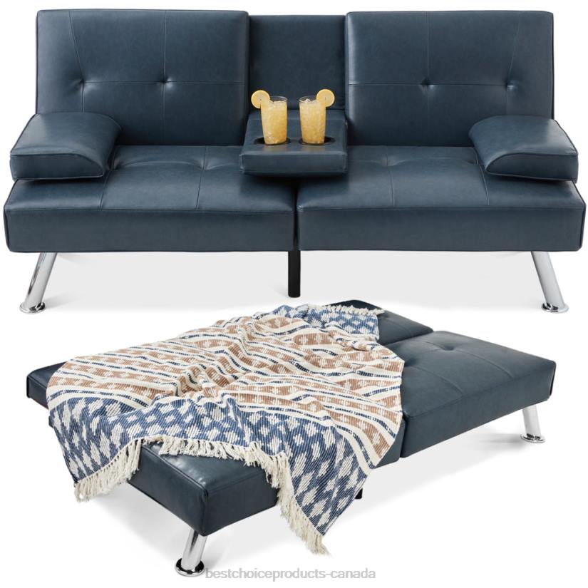 4LT2631 Blue Best Choice Products Faux Leather Upholstered Convertible Sofa Bed Futon w/ 2 Cupholders