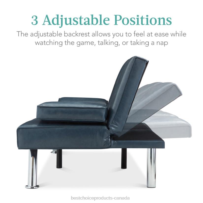 4LT2631 Blue Best Choice Products Faux Leather Upholstered Convertible Sofa Bed Futon w/ 2 Cupholders