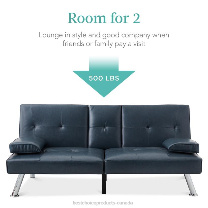 4LT2631 Blue Best Choice Products Faux Leather Upholstered Convertible Sofa Bed Futon w/ 2 Cupholders