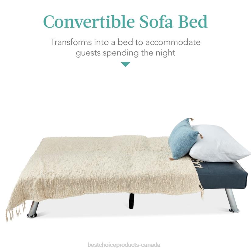 4LT2631 Blue Best Choice Products Faux Leather Upholstered Convertible Sofa Bed Futon w/ 2 Cupholders