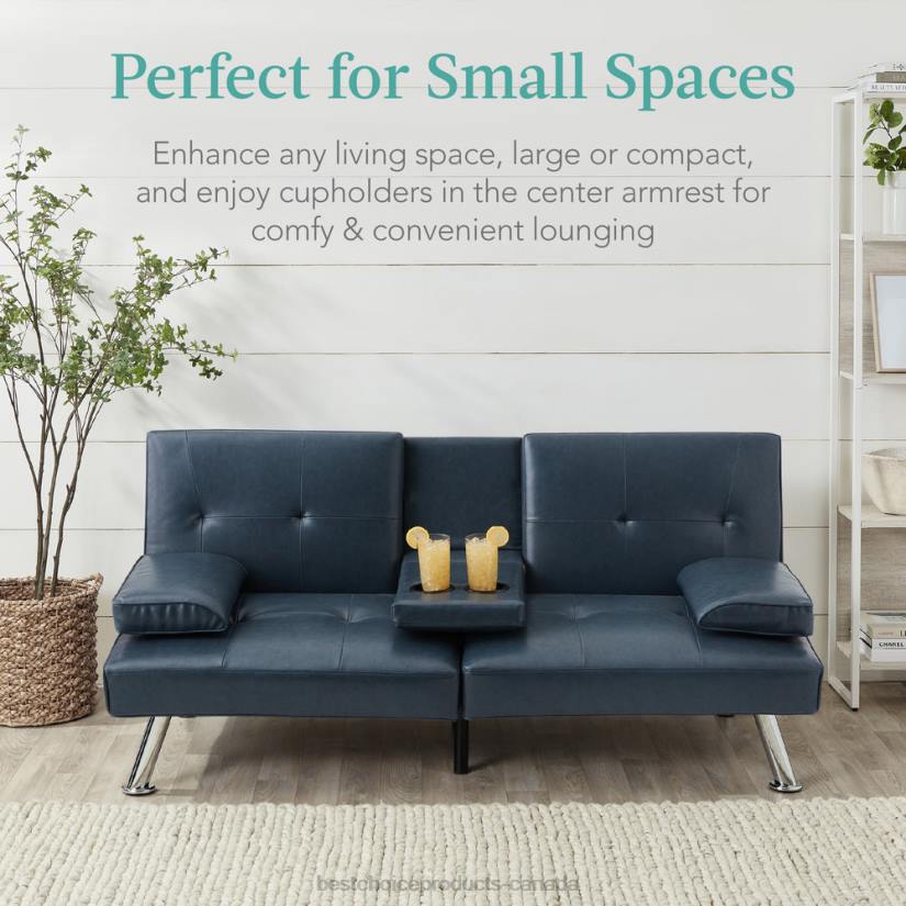 4LT2631 Blue Best Choice Products Faux Leather Upholstered Convertible Sofa Bed Futon w/ 2 Cupholders