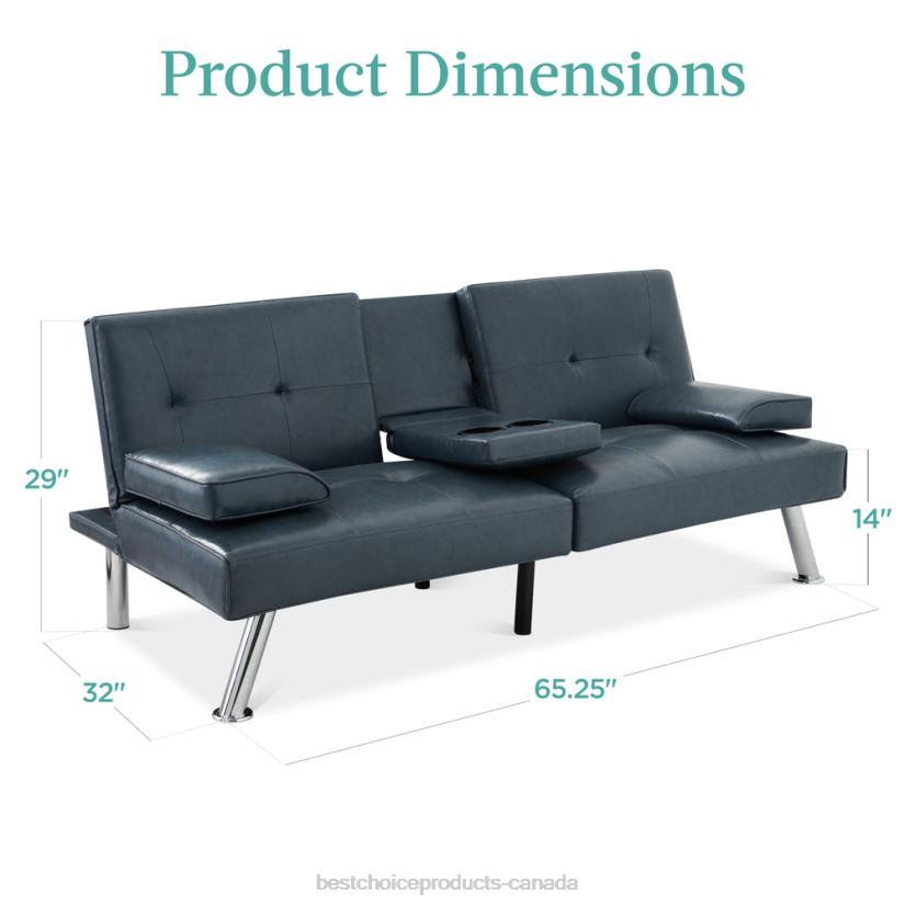 4LT2631 Blue Best Choice Products Faux Leather Upholstered Convertible Sofa Bed Futon w/ 2 Cupholders