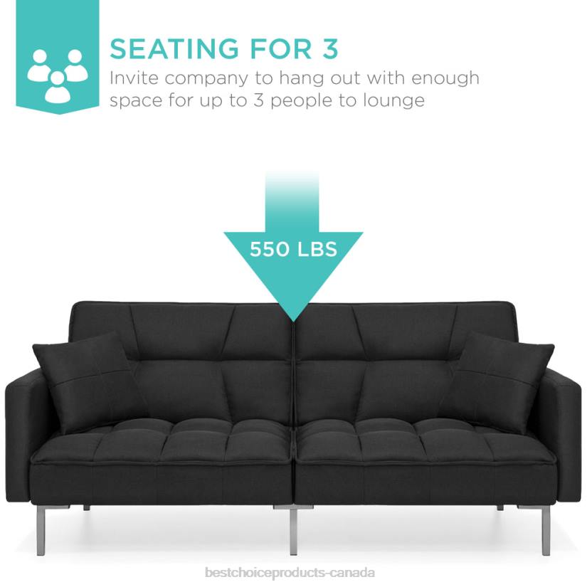 4LT2632 Black Best Choice Products Convertible Linen Tufted Futon w/ 2 Plush Pillows, Split-Back Design