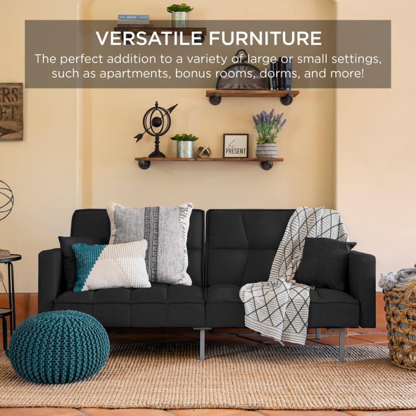 4LT2632 Black Best Choice Products Convertible Linen Tufted Futon w/ 2 Plush Pillows, Split-Back Design