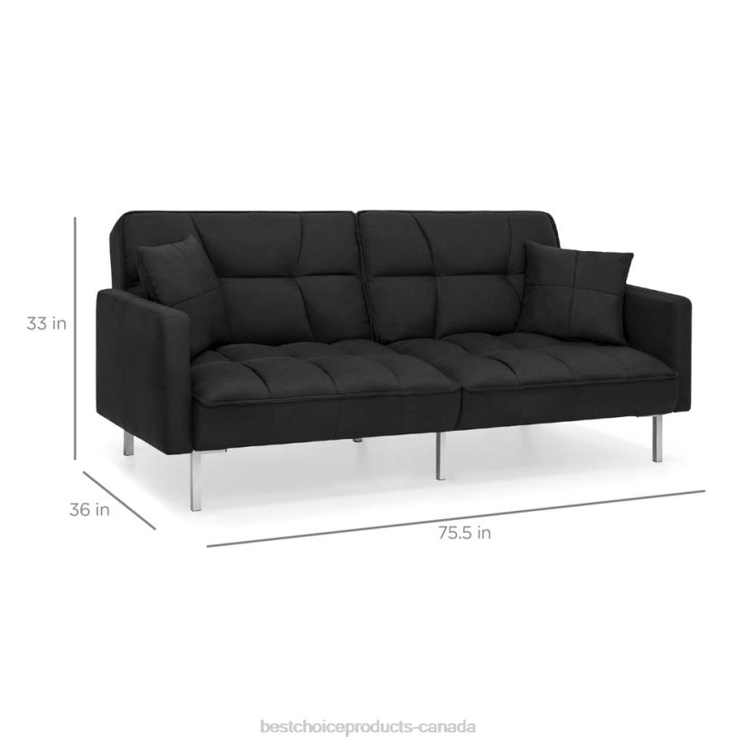 4LT2632 Black Best Choice Products Convertible Linen Tufted Futon w/ 2 Plush Pillows, Split-Back Design