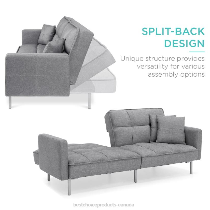 4LT2634 Dark Gray Best Choice Products Convertible Linen Tufted Futon w/ 2 Plush Pillows, Split-Back Design