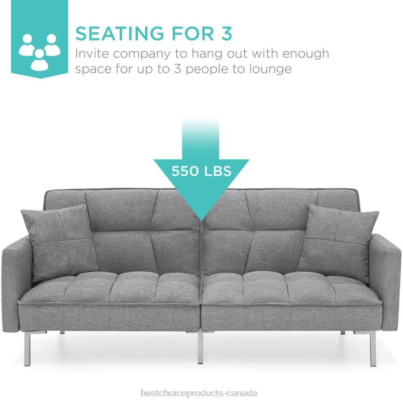 4LT2634 Dark Gray Best Choice Products Convertible Linen Tufted Futon w/ 2 Plush Pillows, Split-Back Design