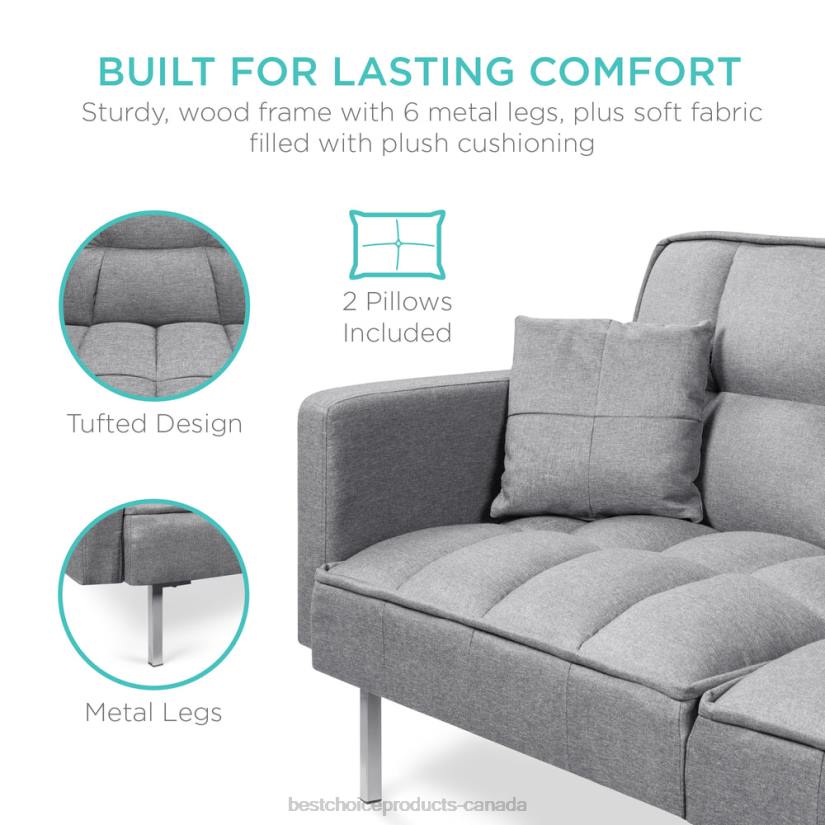 4LT2634 Dark Gray Best Choice Products Convertible Linen Tufted Futon w/ 2 Plush Pillows, Split-Back Design