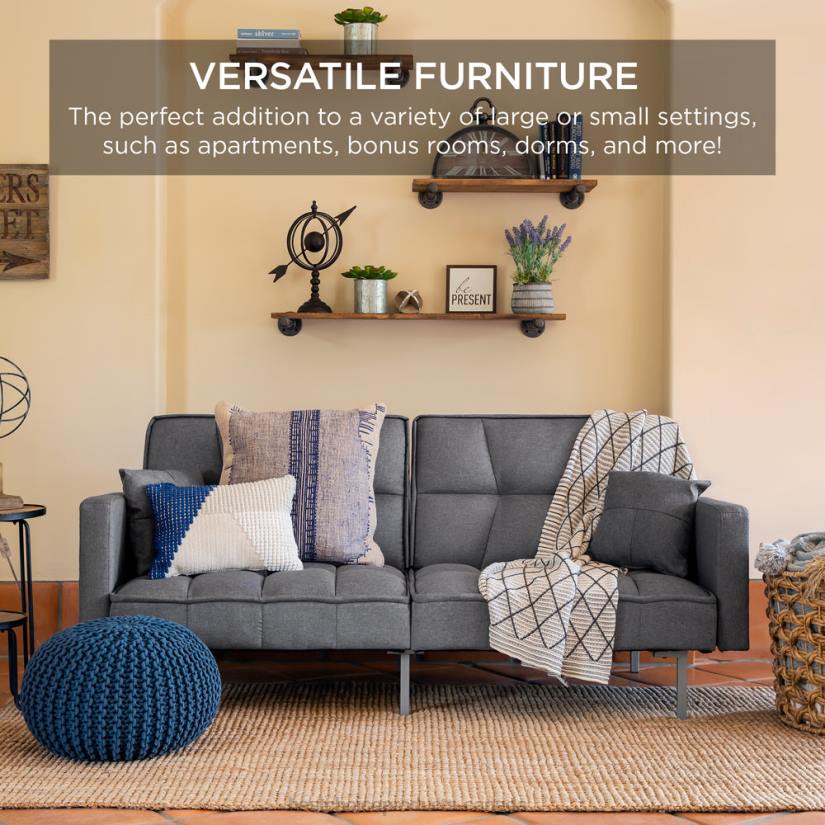 4LT2634 Dark Gray Best Choice Products Convertible Linen Tufted Futon w/ 2 Plush Pillows, Split-Back Design