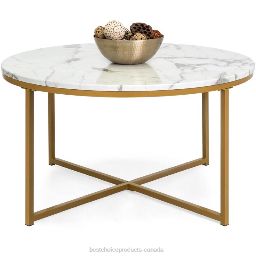 4LT2652 Gold Best Choice Products Round Coffee Table w/ Faux Marble Top, Metal Frame