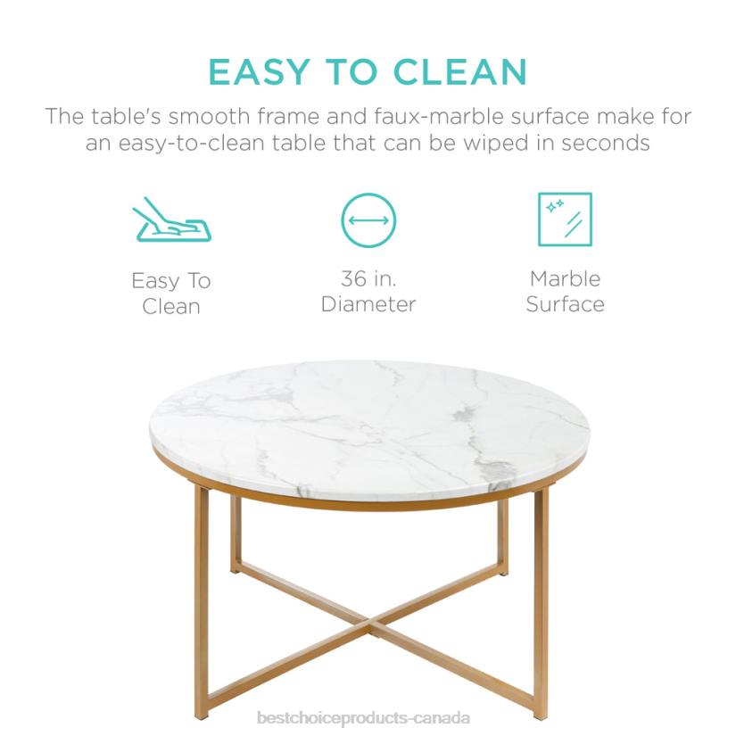 4LT2652 Gold Best Choice Products Round Coffee Table w/ Faux Marble Top, Metal Frame